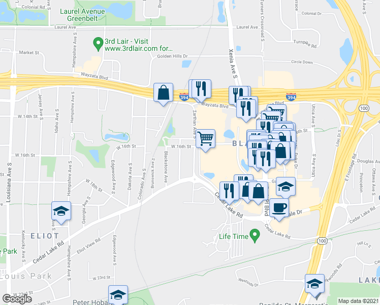 map of restaurants, bars, coffee shops, grocery stores, and more near 1610 Zarthan Avenue South in Minneapolis