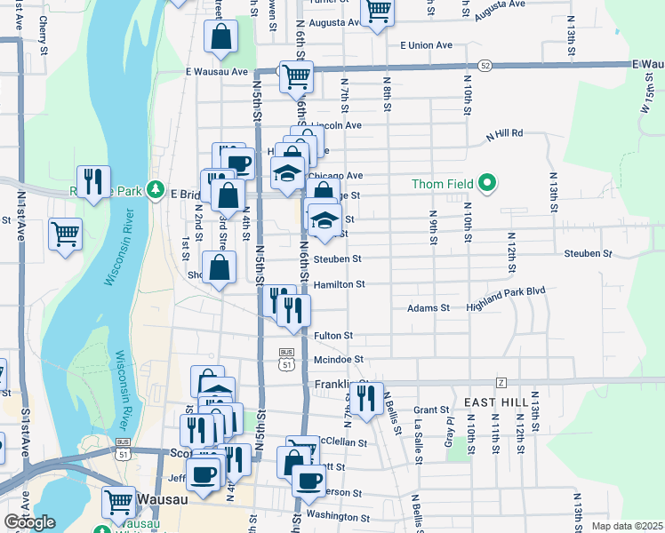 map of restaurants, bars, coffee shops, grocery stores, and more near 617 Steuben Street in Wausau
