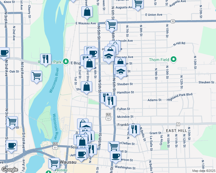 map of restaurants, bars, coffee shops, grocery stores, and more near 1220 North 6th Street in Wausau