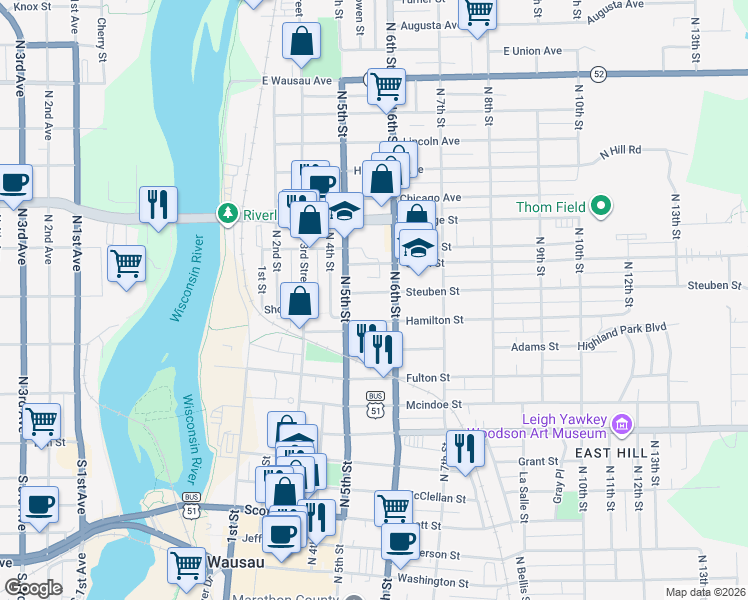 map of restaurants, bars, coffee shops, grocery stores, and more near 1220 North 6th Street in Wausau