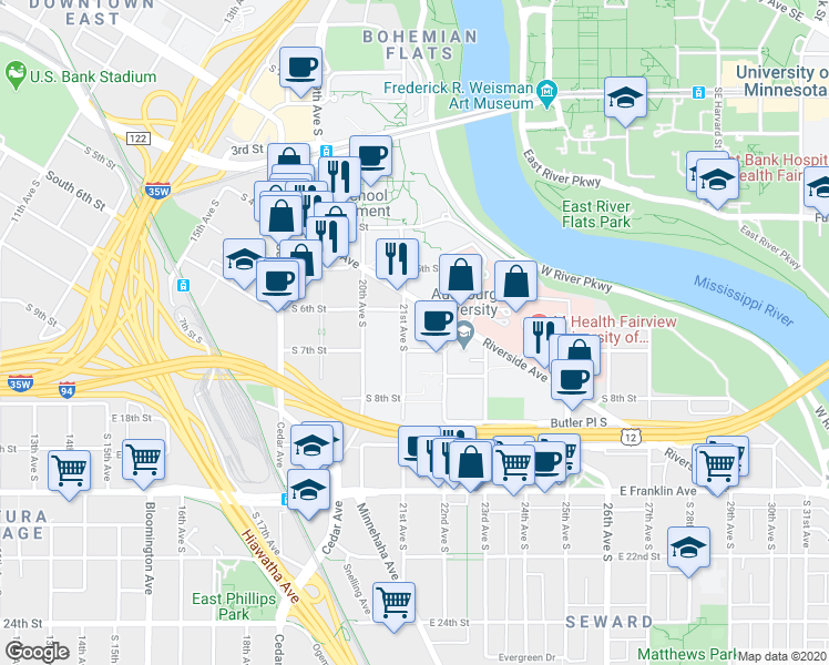 map of restaurants, bars, coffee shops, grocery stores, and more near in Minneapolis