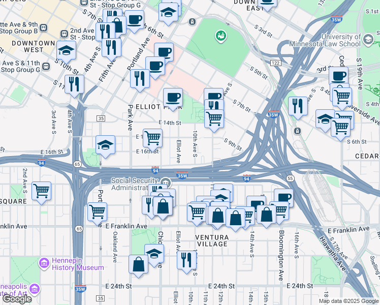 map of restaurants, bars, coffee shops, grocery stores, and more near 1607 10th Avenue South in Minneapolis