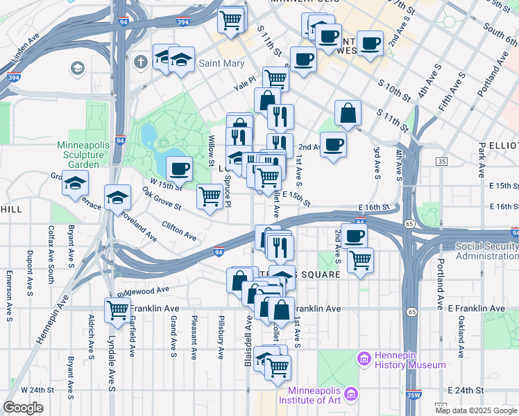 map of restaurants, bars, coffee shops, grocery stores, and more near 1517 Lasalle Avenue in Minneapolis