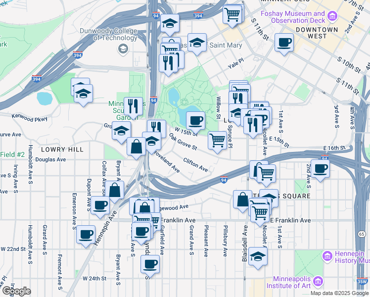 map of restaurants, bars, coffee shops, grocery stores, and more near 403 Oak Grove Street in Minneapolis