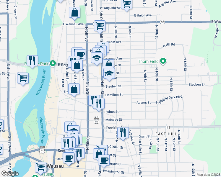 map of restaurants, bars, coffee shops, grocery stores, and more near 617 Steuben St in Wausau