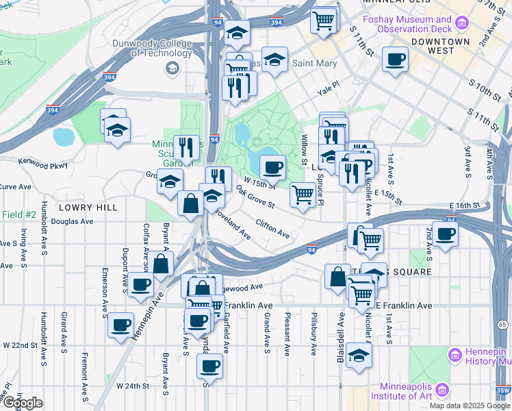 map of restaurants, bars, coffee shops, grocery stores, and more near 403 Oak Grove St in Minneapolis