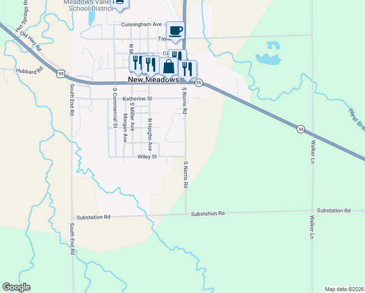 map of restaurants, bars, coffee shops, grocery stores, and more near 501 North Norris Street in New Meadows