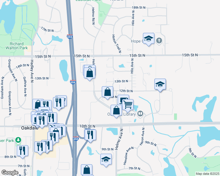 map of restaurants, bars, coffee shops, grocery stores, and more near 7536 12th Street North in Oakdale