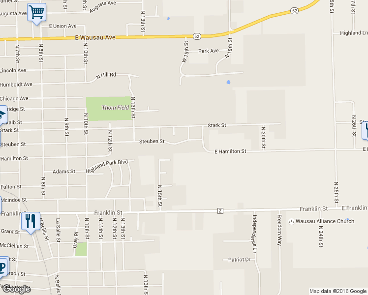 map of restaurants, bars, coffee shops, grocery stores, and more near 1411 Steuben Street in Wausau