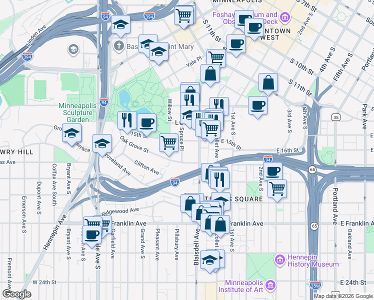 map of restaurants, bars, coffee shops, grocery stores, and more near 1515 Spruce Place in Minneapolis