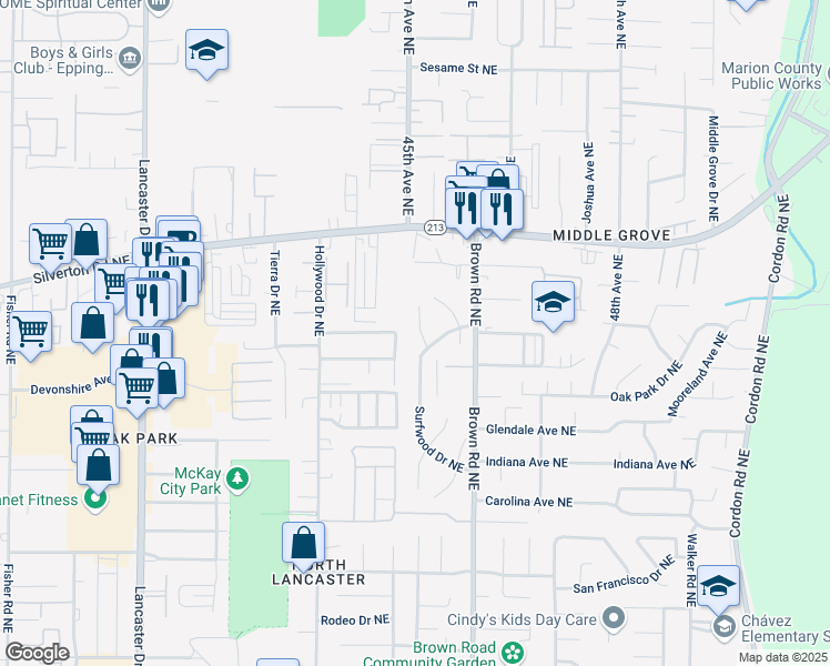 map of restaurants, bars, coffee shops, grocery stores, and more near 3151 Sandal Court Northeast in Salem