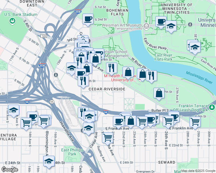 map of restaurants, bars, coffee shops, grocery stores, and more near 628 21st Avenue South in Minneapolis