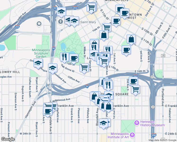 map of restaurants, bars, coffee shops, grocery stores, and more near 1519 Spruce Place in Minneapolis