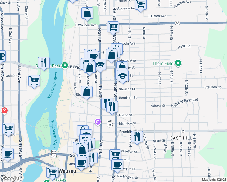 map of restaurants, bars, coffee shops, grocery stores, and more near 1220 North 6th Street in Wausau