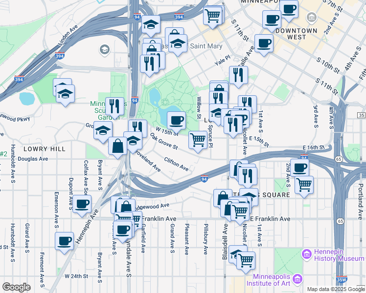 map of restaurants, bars, coffee shops, grocery stores, and more near 316 Oak Grove Street in Minneapolis