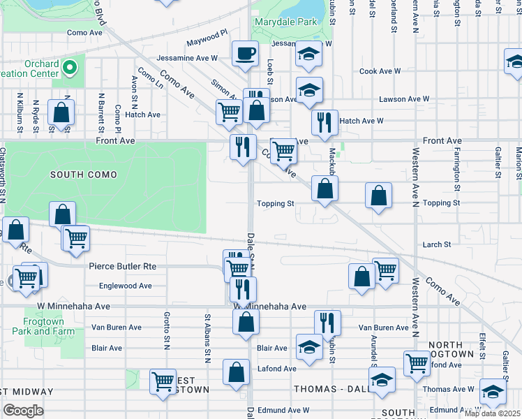 map of restaurants, bars, coffee shops, grocery stores, and more near 600 Topping Street in Saint Paul