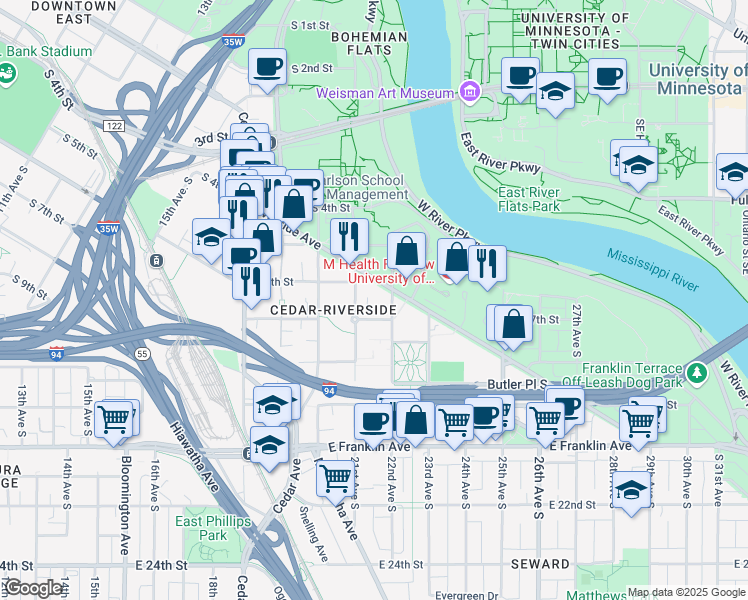 map of restaurants, bars, coffee shops, grocery stores, and more near 630 22nd Ave S in Minneapolis
