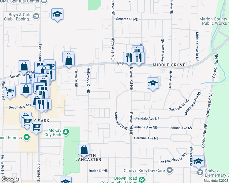 map of restaurants, bars, coffee shops, grocery stores, and more near 3151 Sandal Court Northeast in Salem