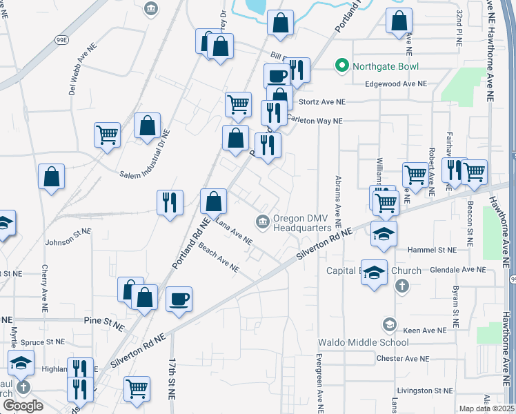 map of restaurants, bars, coffee shops, grocery stores, and more near 1827-1861 Highway Avenue Northeast in Salem