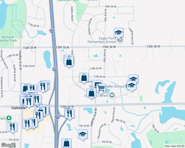 map of restaurants, bars, coffee shops, grocery stores, and more near 7606 12th Street North in Saint Paul