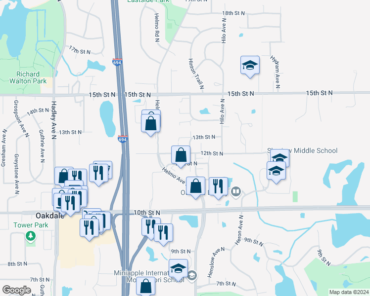 map of restaurants, bars, coffee shops, grocery stores, and more near 7536 12th Street North in Oakdale