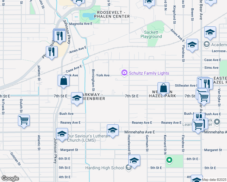 map of restaurants, bars, coffee shops, grocery stores, and more near 1499 7th Street East in Saint Paul