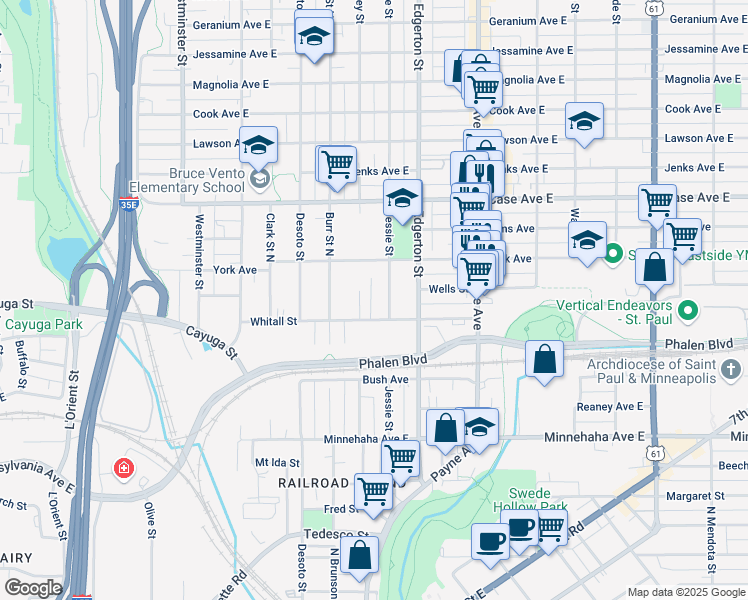 map of restaurants, bars, coffee shops, grocery stores, and more near 853 Jessie Street in Saint Paul
