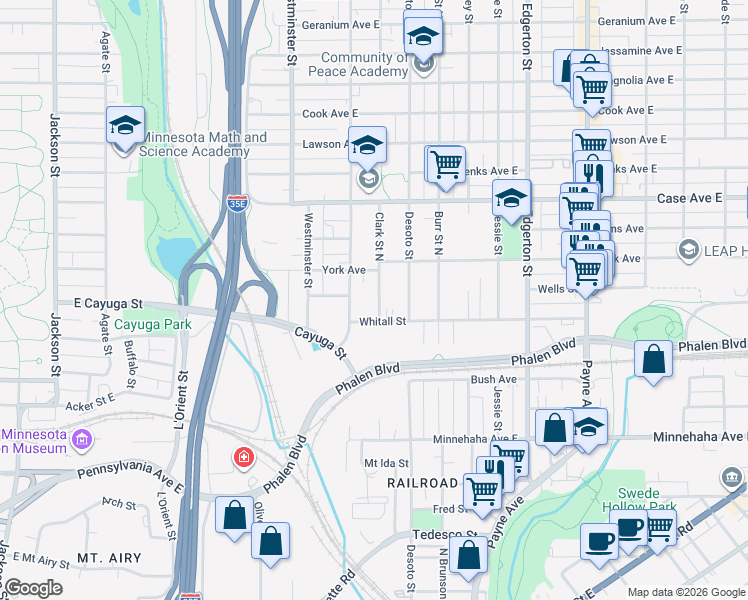 map of restaurants, bars, coffee shops, grocery stores, and more near 431 Whitall Street in Saint Paul