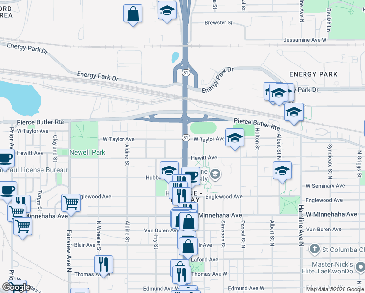 map of restaurants, bars, coffee shops, grocery stores, and more near 1593 Hewitt Avenue in Saint Paul