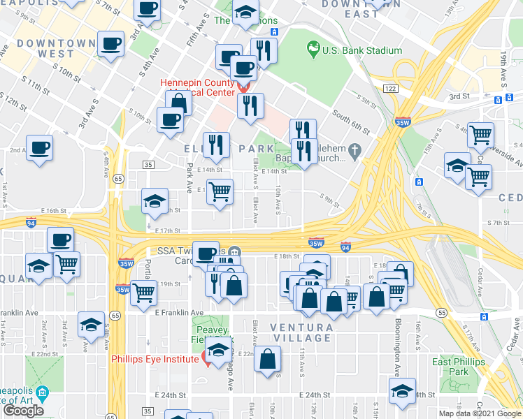 map of restaurants, bars, coffee shops, grocery stores, and more near 1605 Elliot Avenue South in Minneapolis