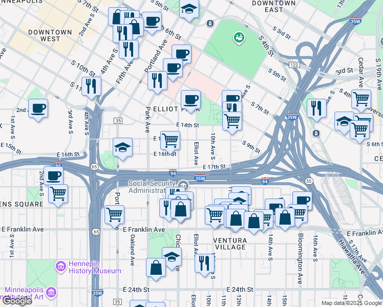 map of restaurants, bars, coffee shops, grocery stores, and more near 1605 Elliot Avenue South in Minneapolis