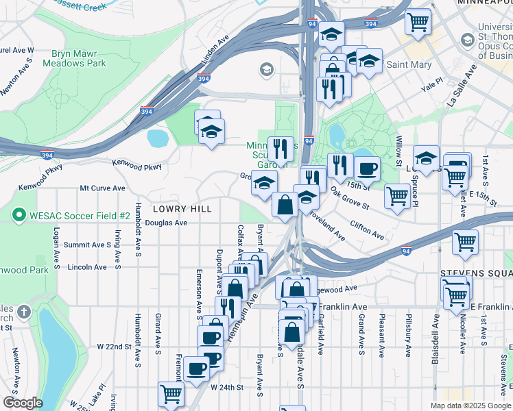 map of restaurants, bars, coffee shops, grocery stores, and more near 910 Mount Curve Avenue in Minneapolis