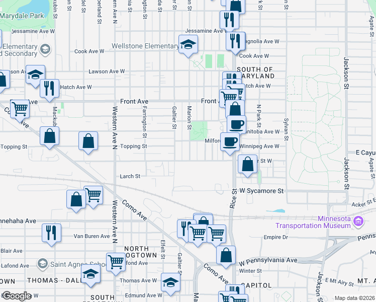 map of restaurants, bars, coffee shops, grocery stores, and more near 852 Marion Street in Saint Paul