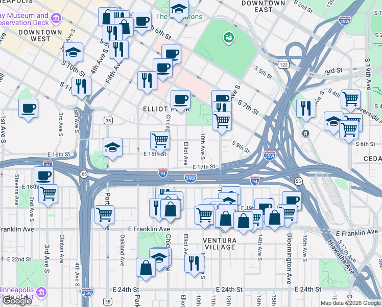 map of restaurants, bars, coffee shops, grocery stores, and more near 1605 Elliot Avenue South in Minneapolis