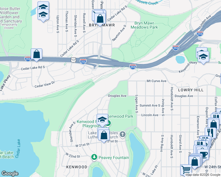 map of restaurants, bars, coffee shops, grocery stores, and more near 1730 Kenwood Parkway in Minneapolis