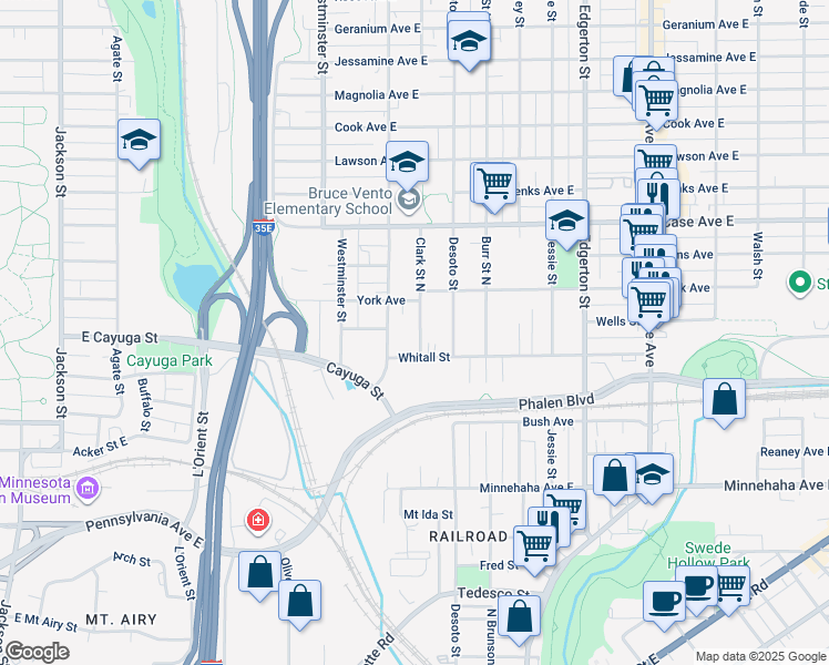 map of restaurants, bars, coffee shops, grocery stores, and more near 431 Whitall Street in Saint Paul