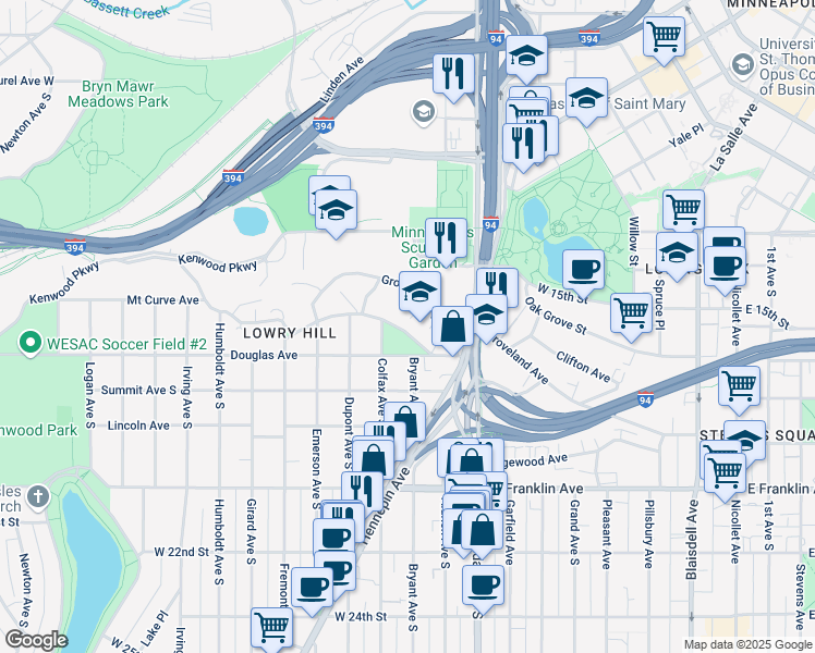 map of restaurants, bars, coffee shops, grocery stores, and more near 910 Mount Curve Avenue in Minneapolis