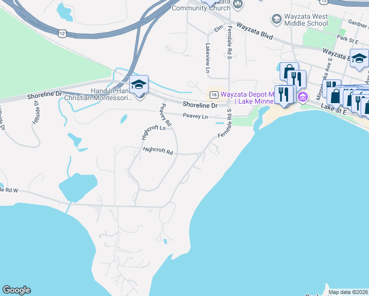 map of restaurants, bars, coffee shops, grocery stores, and more near 415 Highcroft Road in Wayzata