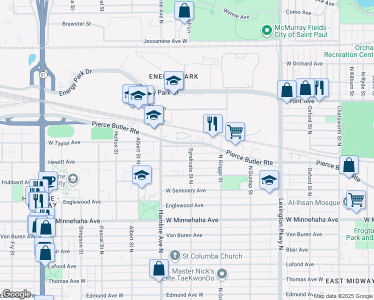 map of restaurants, bars, coffee shops, grocery stores, and more near 1287 Hewitt Avenue in Saint Paul