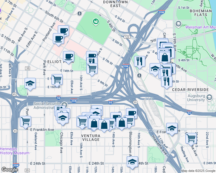 map of restaurants, bars, coffee shops, grocery stores, and more near South 9th Street in Minneapolis