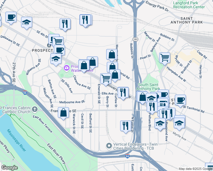map of restaurants, bars, coffee shops, grocery stores, and more near 2650 University Avenue West in Saint Paul