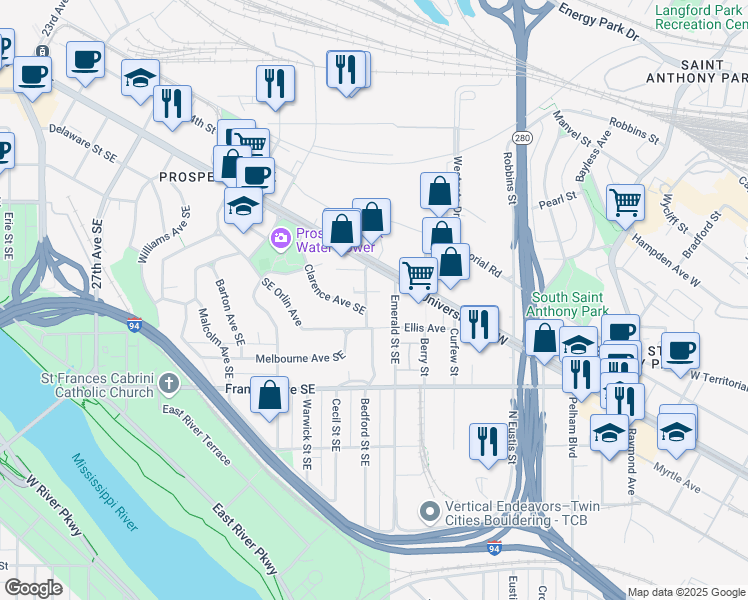 map of restaurants, bars, coffee shops, grocery stores, and more near 69 Bedford Street Southeast in Minneapolis