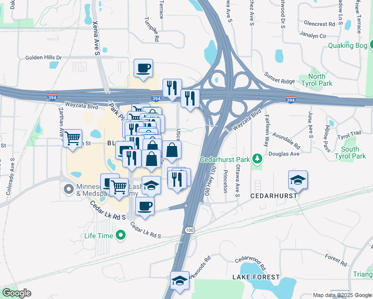 map of restaurants, bars, coffee shops, grocery stores, and more near 1651 Utica Avenue South in St. Louis Park