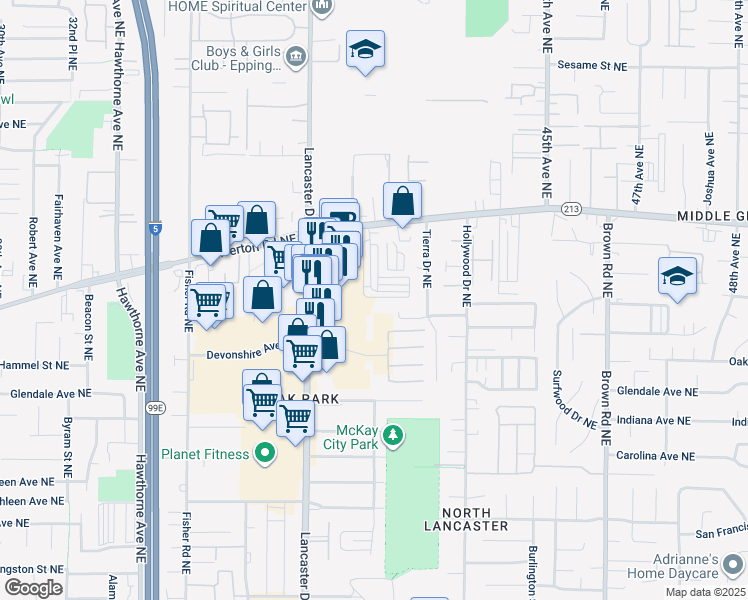 map of restaurants, bars, coffee shops, grocery stores, and more near 4130 Silverton Road Northeast in Salem