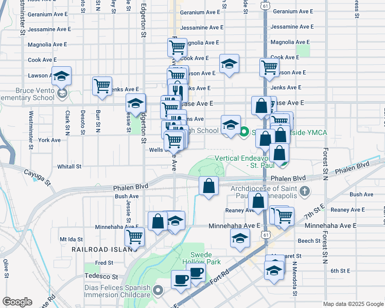 map of restaurants, bars, coffee shops, grocery stores, and more near 674 Wells Street in Saint Paul