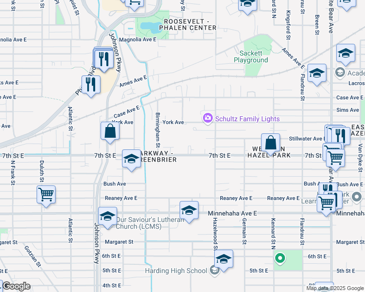 map of restaurants, bars, coffee shops, grocery stores, and more near 1453 7th Street East in Saint Paul
