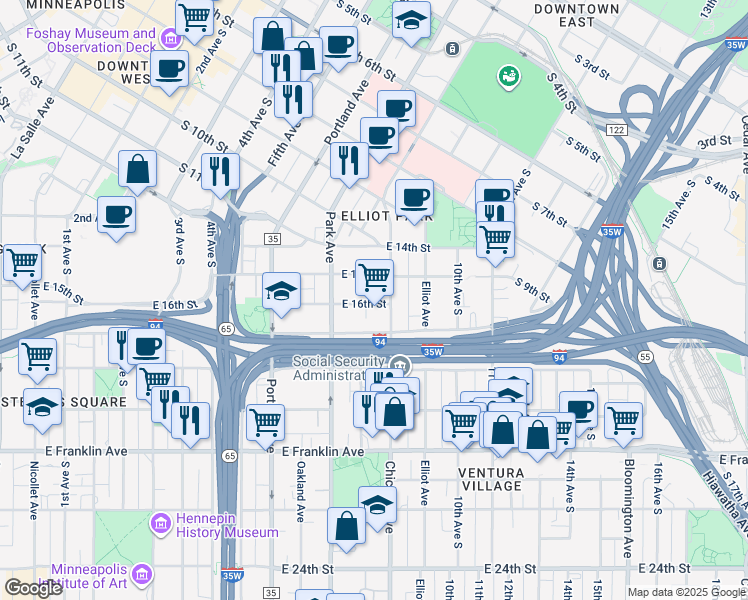 map of restaurants, bars, coffee shops, grocery stores, and more near 719 East 16th Street in Minneapolis