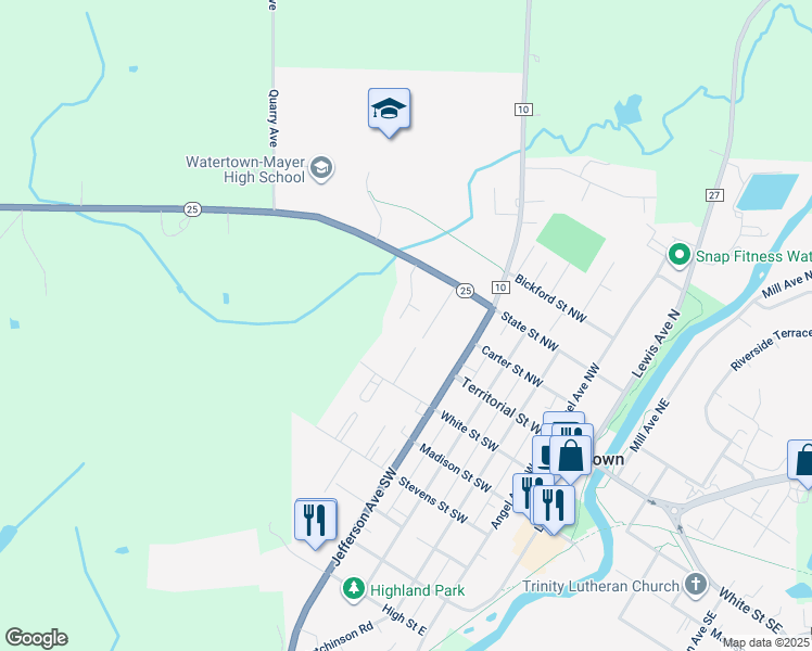 map of restaurants, bars, coffee shops, grocery stores, and more near 205 Jackson Avenue Southwest in Watertown