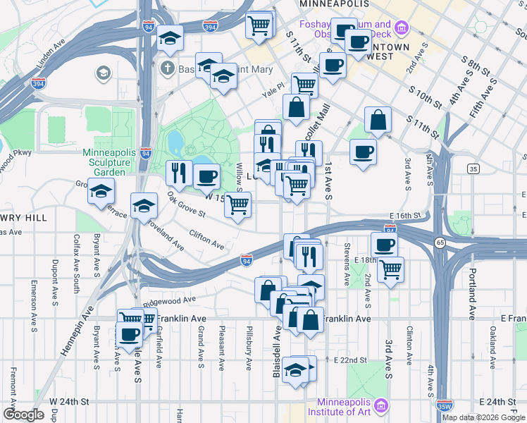 map of restaurants, bars, coffee shops, grocery stores, and more near 1511 Spruce Place in Minneapolis