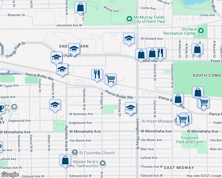 map of restaurants, bars, coffee shops, grocery stores, and more near 1211 West Pierce Butler Route in Saint Paul